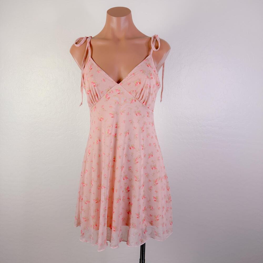 Babydoll Softgirl Tie Shoulder Floral Mesh Mini Dress Fairy Pastel Pink sz L NWT